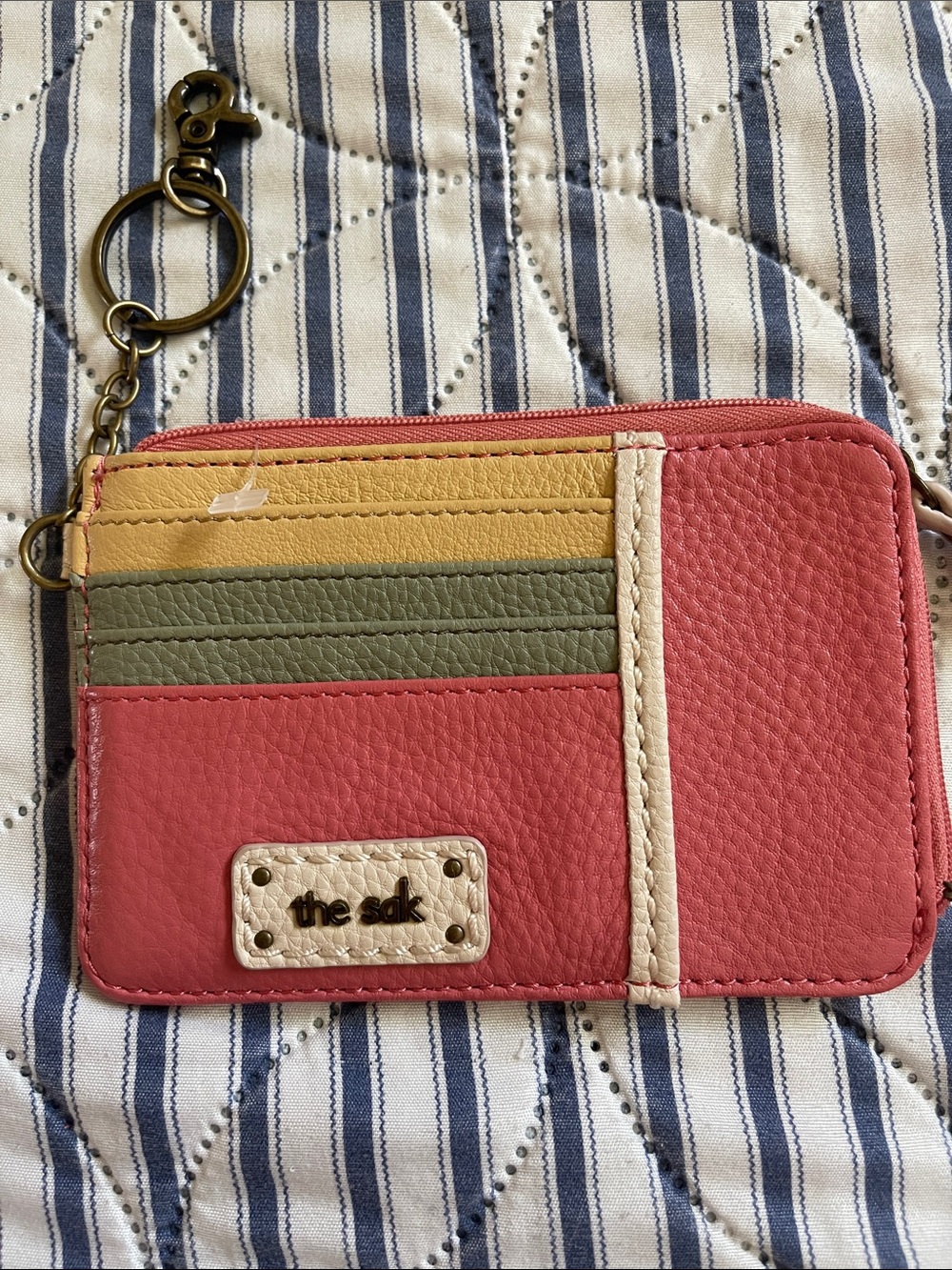 The Sak Coral Leather NEW!  Card Wallet Keychain Olive and Mustard Slots